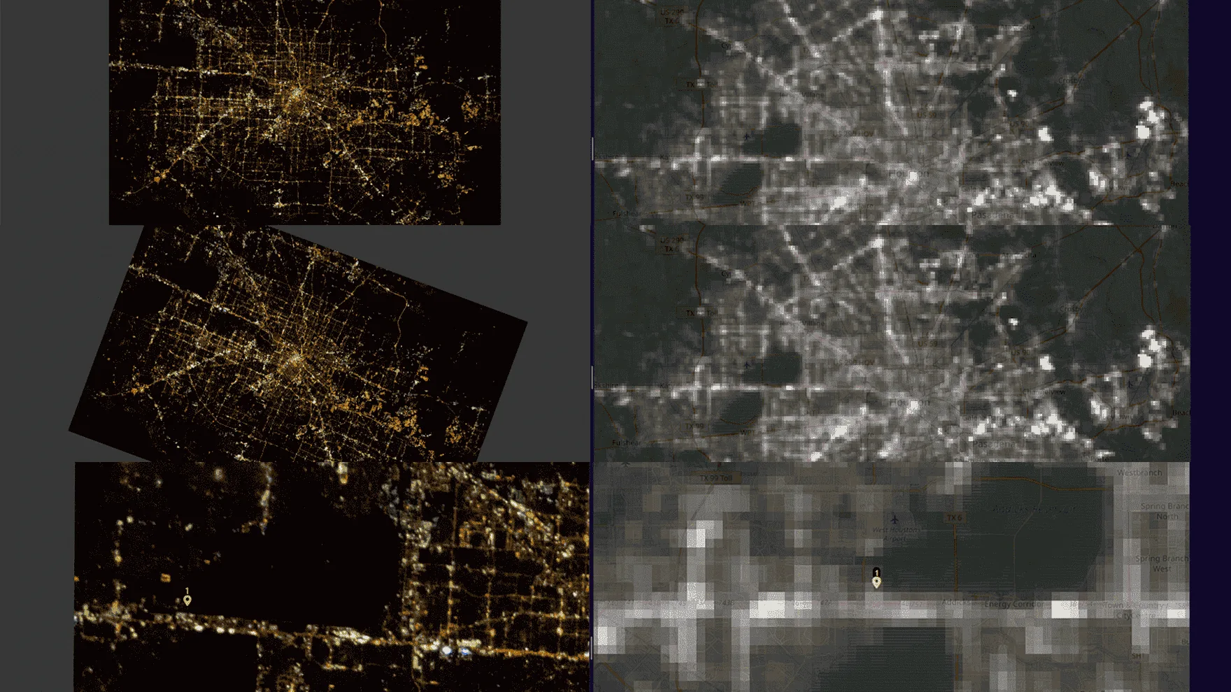 Three side-by-side captures of the canvas — pan, rotate and dropping a control point.