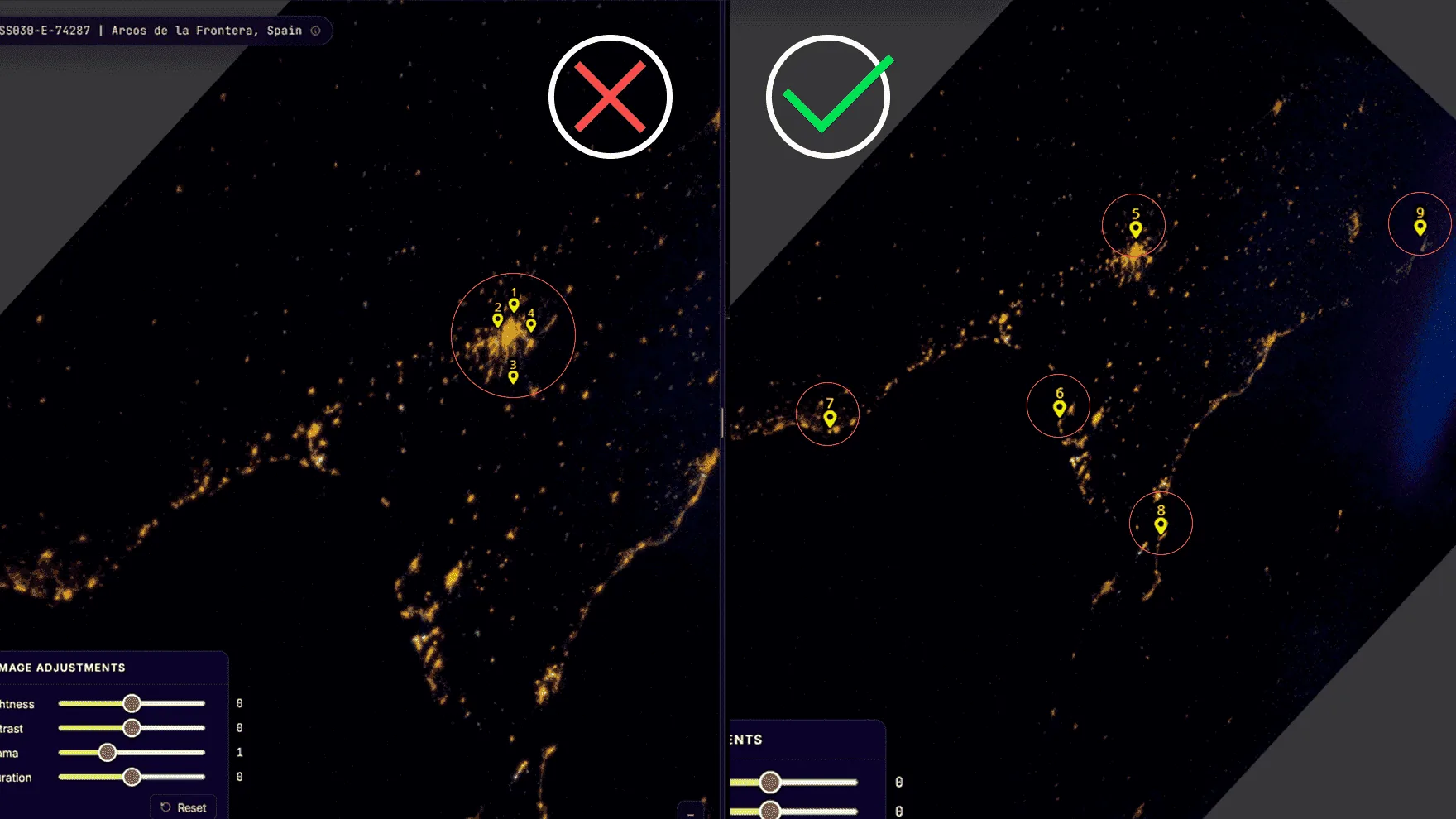 Two thumbnails — clumpy CP distribution (left, ✗) vs CPs at corners and centre (right, ✓).