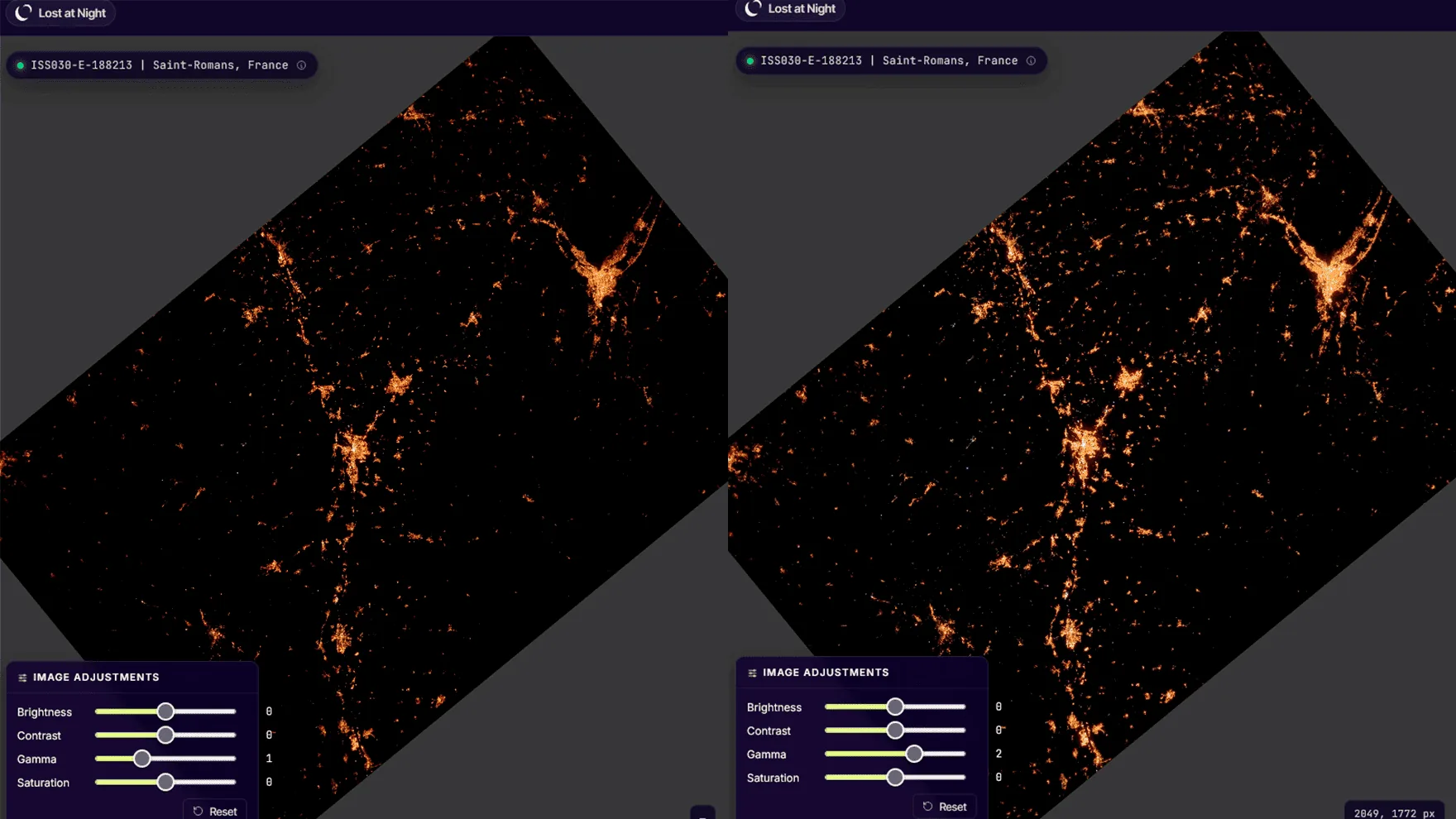 Same photo side-by-side — γ=1.0 vs γ=2.0.