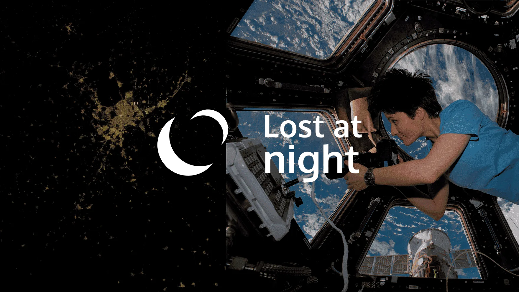 Composite — ISS night photo on the left, georeferenced overlay on a world map on the right.