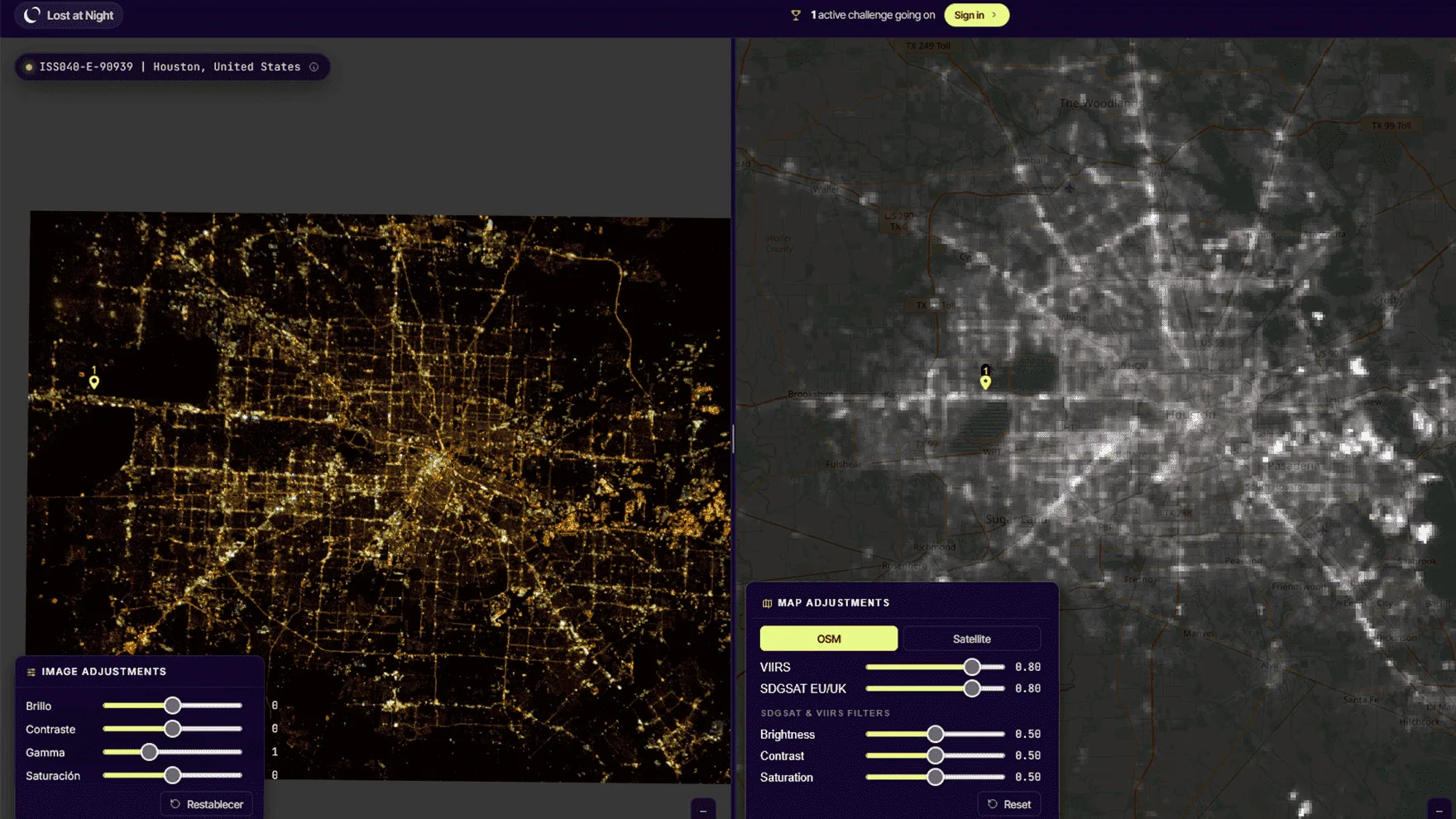 Map with the layer switcher open showing OSM, Satellite and VIIRS options.