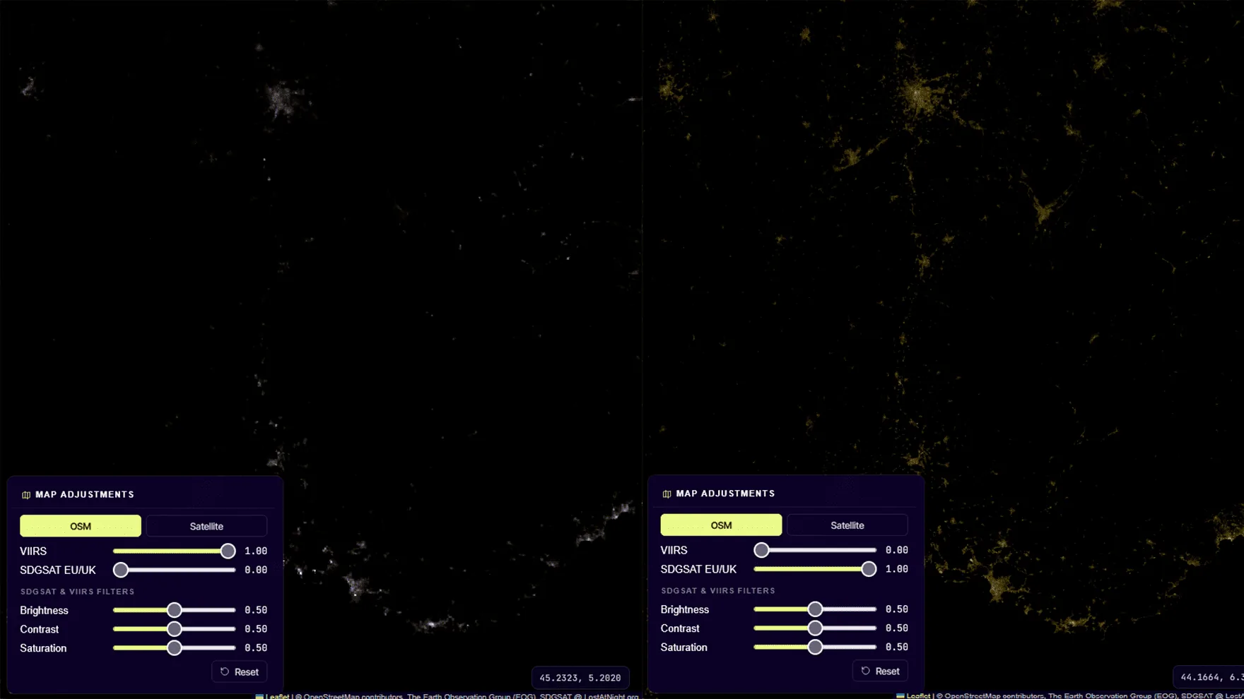 Same map area with VIIRS overlay vs SDGSAT overlay.